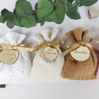 Ballotin à dragées double gaze à définir - ruban or - médaillon Eid